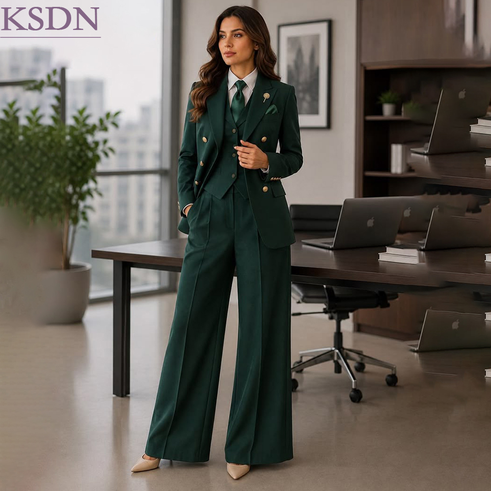 Double Breasted Blazer - Eleganckie, zielone damskie garnitury do noszenia