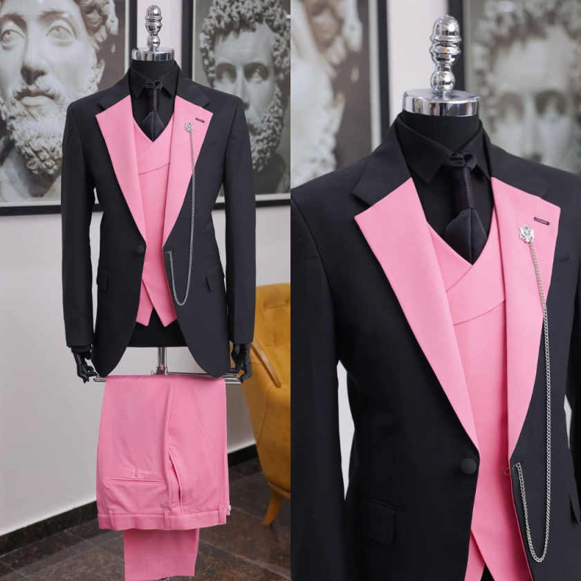 Men Formal Wear Shop - Luksusowy czarno-różowy męski smoking z szalowym