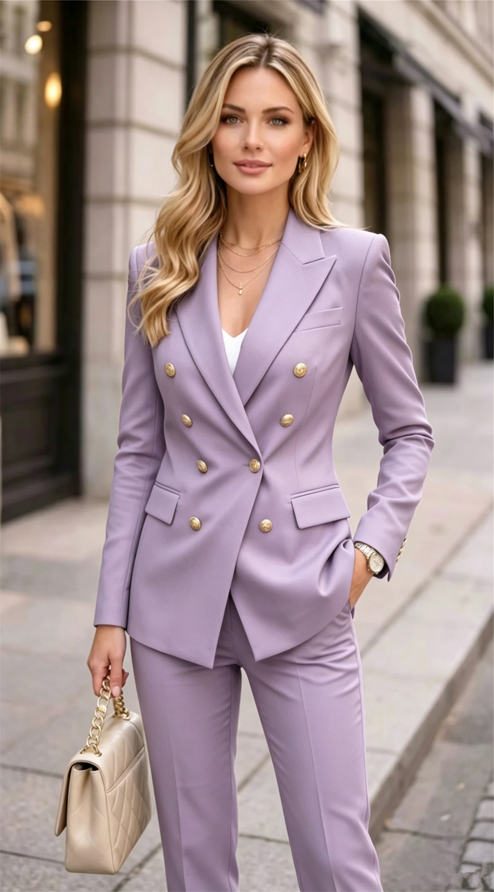 Double Breasted Blazer - Lawendowy damski dwuczęściowy garnitur formalny do