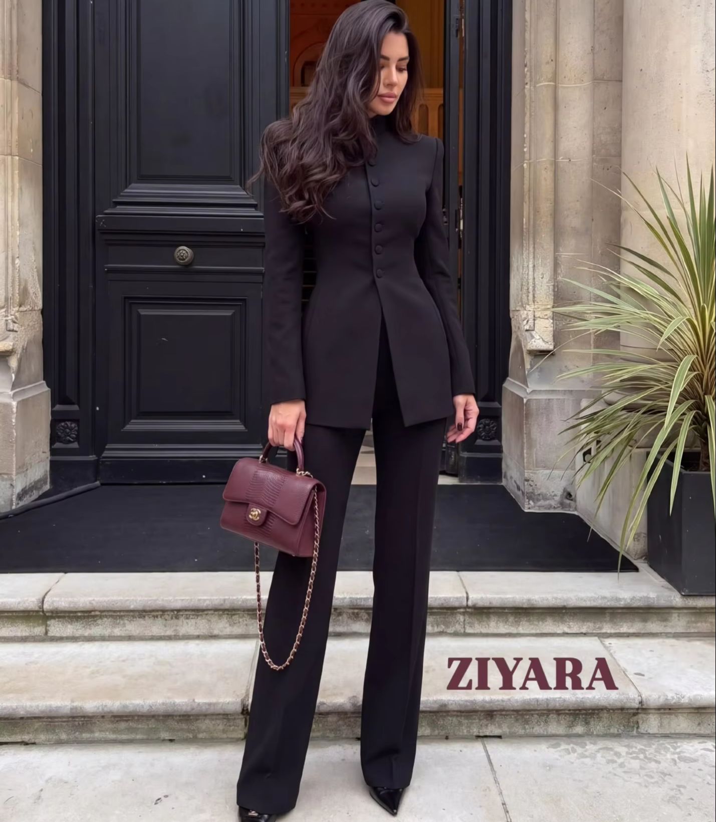 Double Breasted Blazer - Damski dwuczęściowy garnitur: marynarka z kołnierzykiem