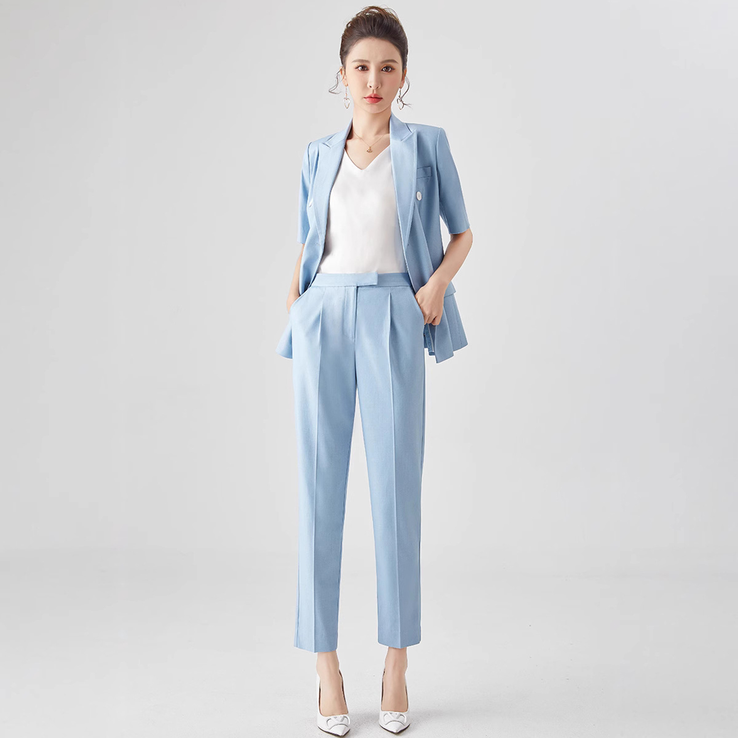 Double Breasted Blazer - Damski garnitur Allingentle, dopasowany krój, biznesowy