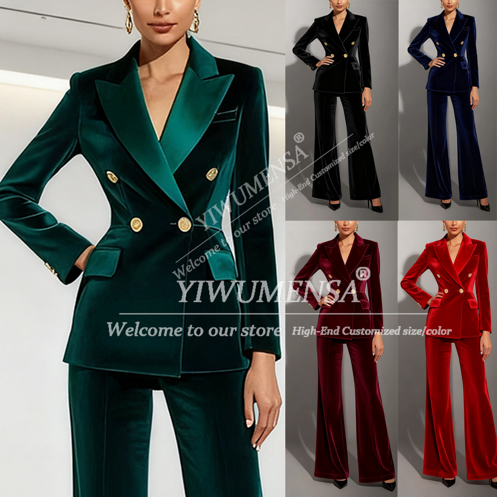 Double Breasted Blazer - Klasyczne zielone welurowe garnitury damskie na