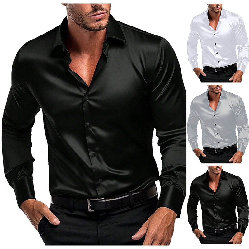 Mens Formal Look - Męska błyszcząca satynowa koszula z długim
